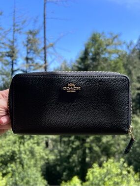 COACH Long Zip-Around Black Pebble Leather Wallet with Gold Hardware AUTHENTIC